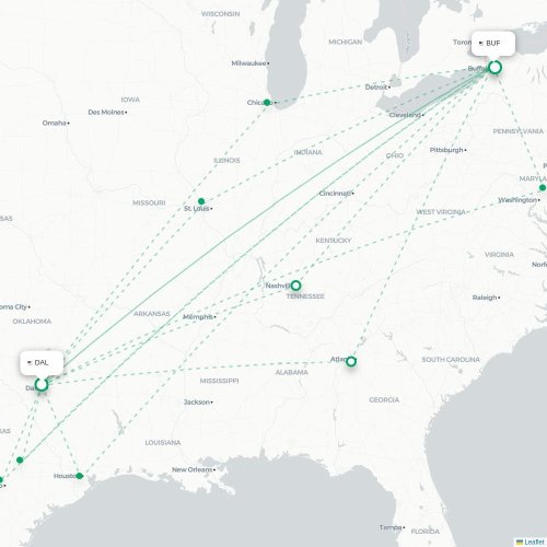 Mapa de vuelo directo Dallas - Búfalo