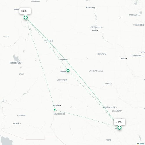 Mapa lotu bezpośredniego Dallas – Bozeman