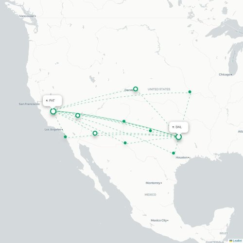Dallas - Fresno kort over direkte fly