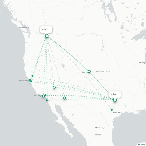 Mapa de vuelo directo Dallas - Spokane