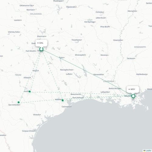 Mapa de vuelo directo Dallas - Nueva Orleans