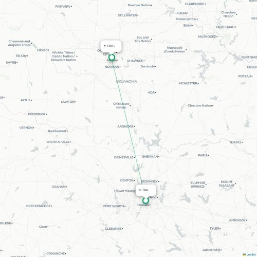 Mapa de vuelo directo Dallas - Oklahoma City