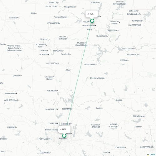 Dallas - Tulsa kort over direkte fly