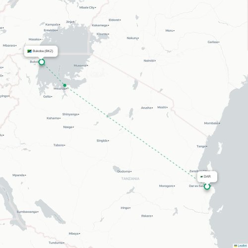 Mapa de vuelo directo Dar es Salaam - Bukoba