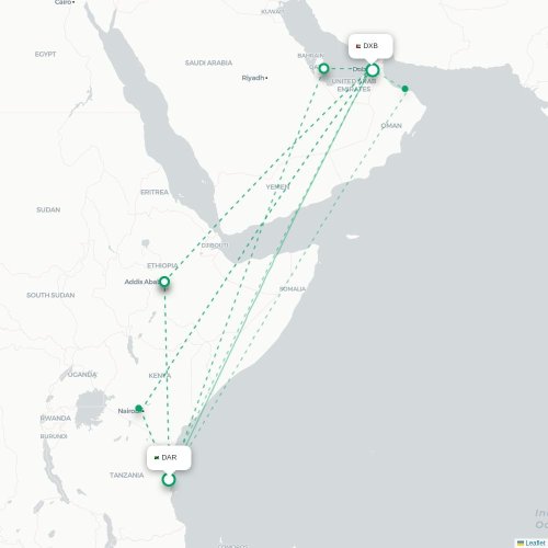 Dar es Salaam – Dubai suoran lennon kartta
