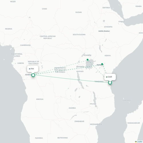 Mapa de vuelo directo Dar es Salaam - Kinsasa