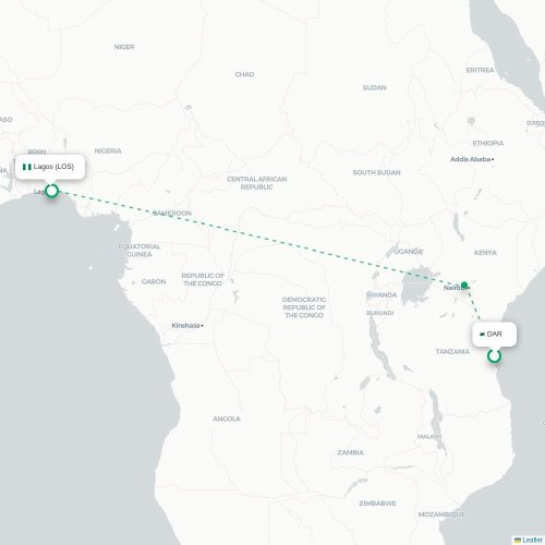 Mapa de vuelo directo Dar es Salaam - Lagos