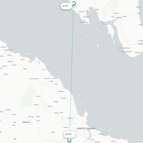 Mapa de vuelo directo Dar es Salaam - Zanzíbar