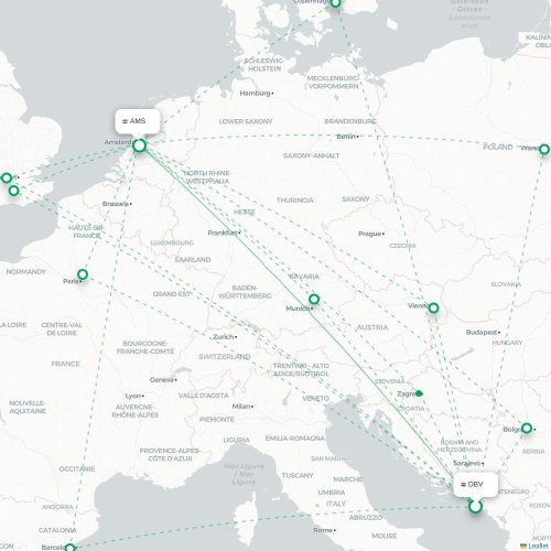 Dubrovnik - Amsterdam kaart van rechtstreekse vlucht