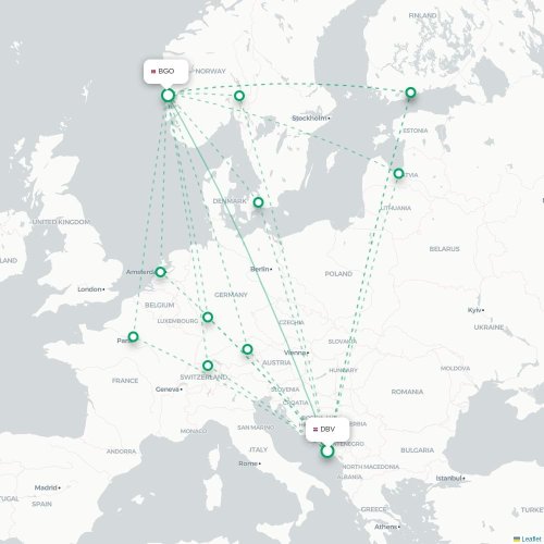Mapa de vuelo directo Dubrovnik - Bergen