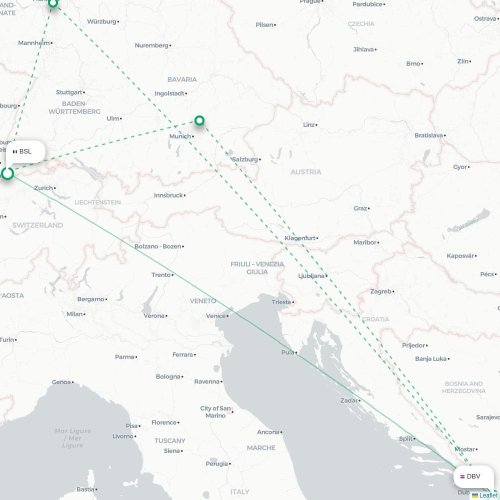 Mapa lotu bezpośredniego Dubrownik – Bazylea, Szwajcaria