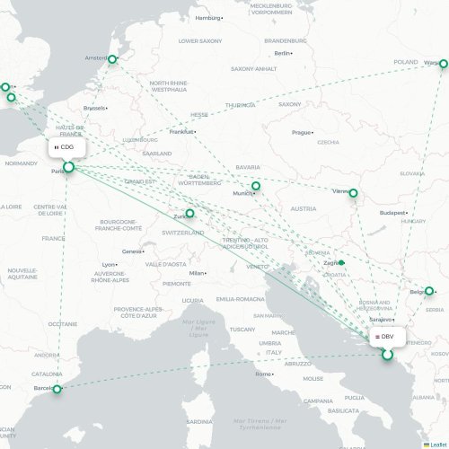 Mapa de vuelo directo Dubrovnik - París