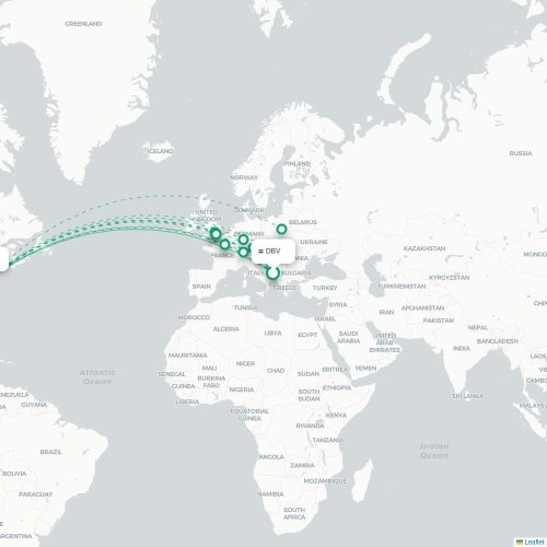 Mapa de vuelo directo Dubrovnik - Newark