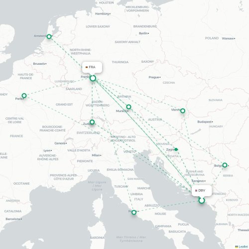 Mapa de vuelo directo Dubrovnik - Fráncfort