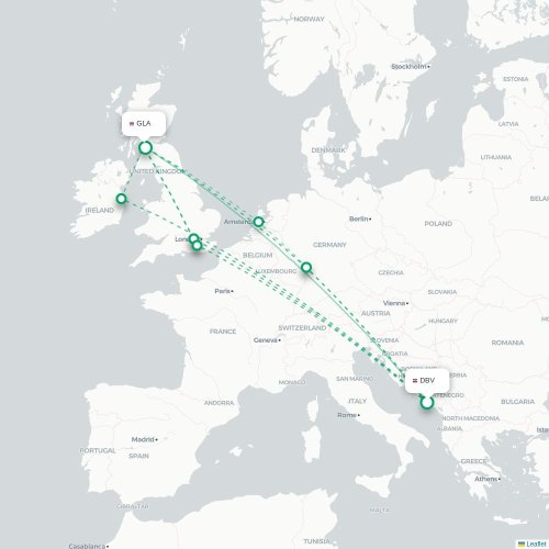 Dubrovnik – Glasgow suoran lennon kartta
