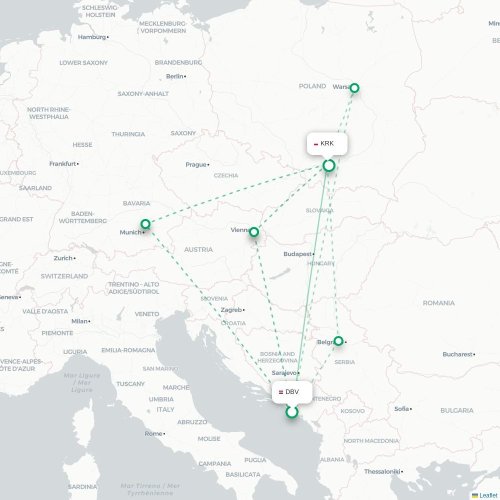 Mapa lotu bezpośredniego Dubrownik – Kraków