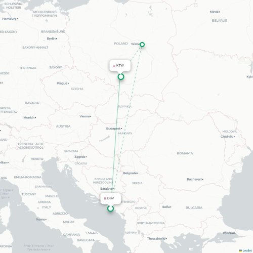 Mapa lotu bezpośredniego Dubrownik – Katowice