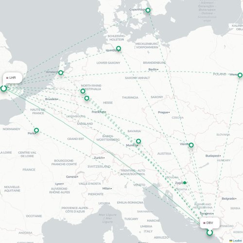 Mapa lotu bezpośredniego Dubrownik – Londyn
