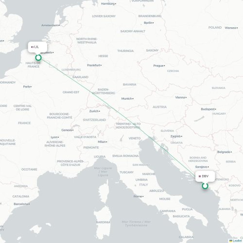 Mapa de vuelo directo Dubrovnik - Lille