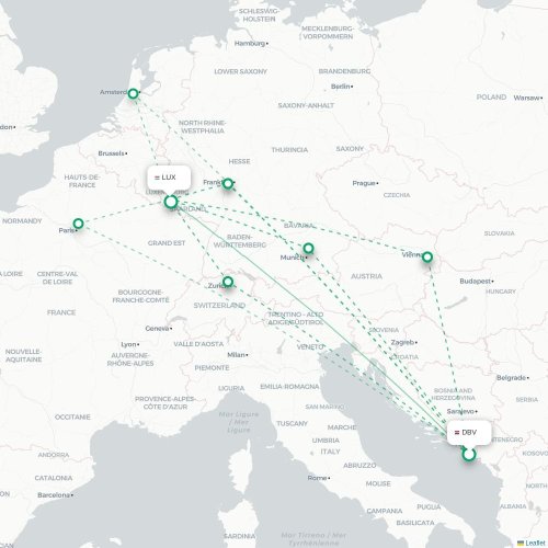 Mapa lotu bezpośredniego Dubrownik – Luksemburg