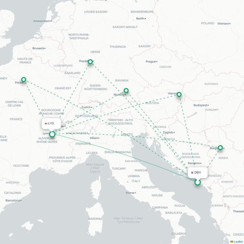 Dubrovnik - Lyon karta över direktflyg