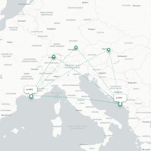 Mapa de vuelo directo Dubrovnik - Marsella