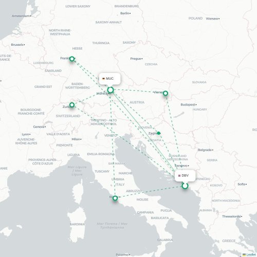 Mapa de vuelo directo Dubrovnik - Múnich