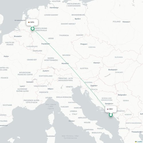 Mapa de vuelo directo Dubrovnik - Düsseldorf