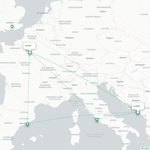 Mapa lotu bezpośredniego Dubrownik – Paryż