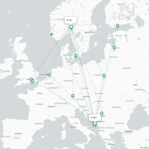 Mapa de vuelo directo Dubrovnik - Oslo