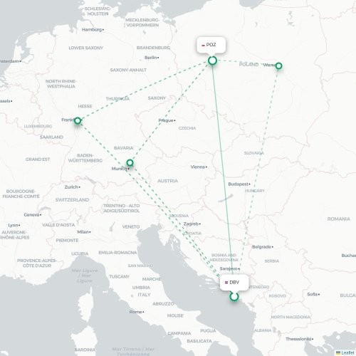 Mapa lotu bezpośredniego Dubrownik – Poznań