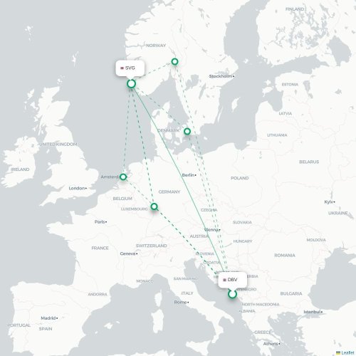 Mapa de vuelo directo Dubrovnik - Stavanger