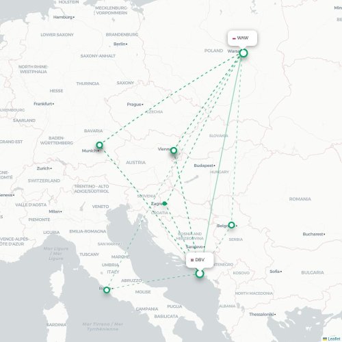 Mapa lotu bezpośredniego Dubrownik – Warszawa