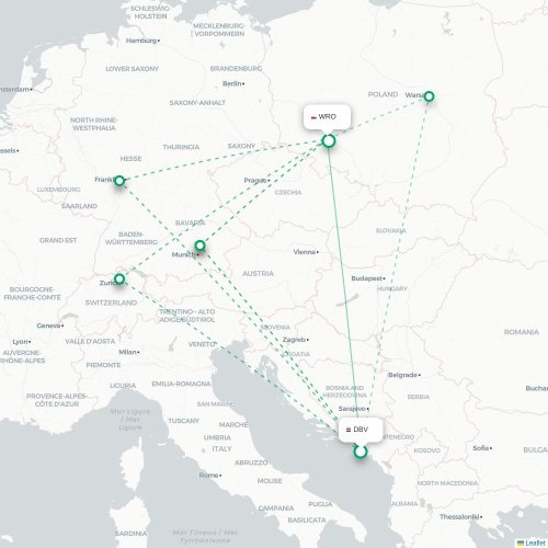 Mapa lotu bezpośredniego Dubrownik – Wrocław