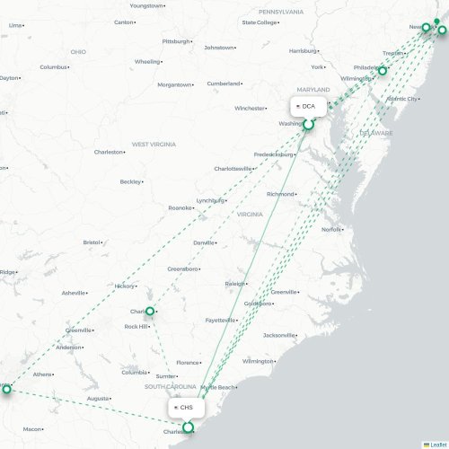 Mapa de vuelo directo Washington D. C. - Charleston