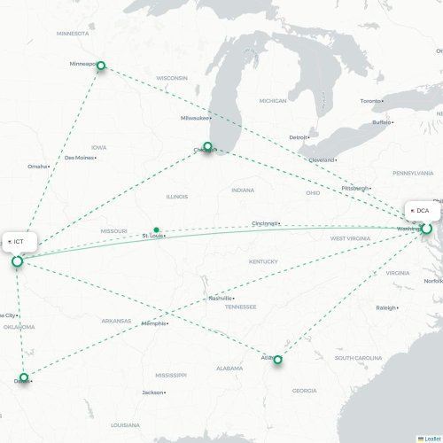 Mapa de vuelo directo Washington D. C. - Wichita