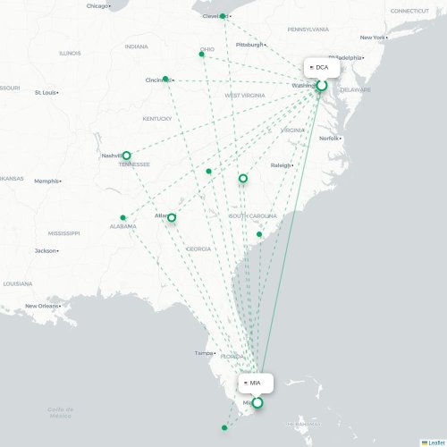 Mapa lotu bezpośredniego Waszyngton – Miami