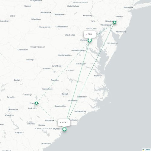 Mapa lotu bezpośredniego Waszyngton – Myrtle Beach