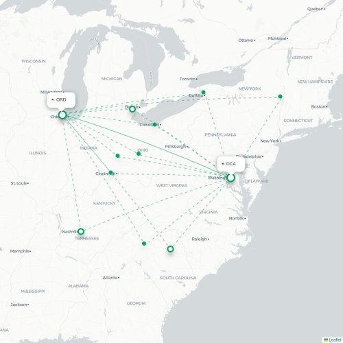 Mapa de vuelo directo Washington D. C. - Chicago