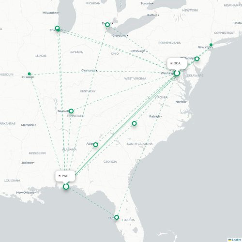 Mapa de vuelo directo Washington D. C. - Pensacola