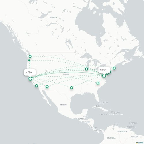 Mapa de vuelo directo Washington D. C. - San Francisco