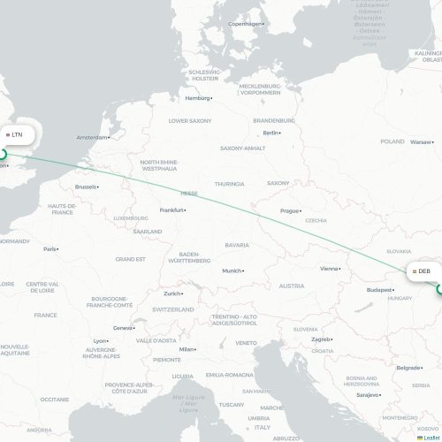 Debrecen - Londen kaart van rechtstreekse vlucht
