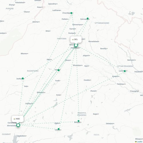 New Delhi – Ahmedabad suoran lennon kartta