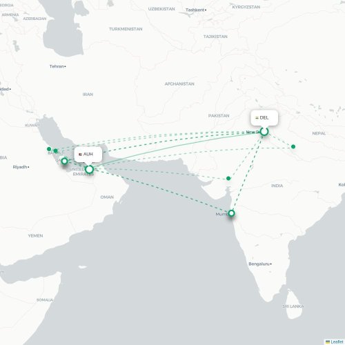 Mapa de vuelo directo Nueva Delhi - Abu Dabi