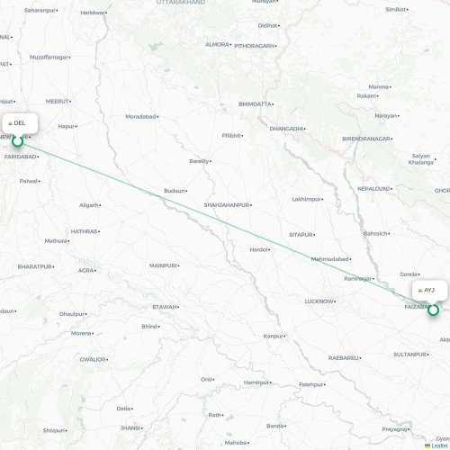 Mapa de vuelo directo Nueva Delhi - Faizābād
