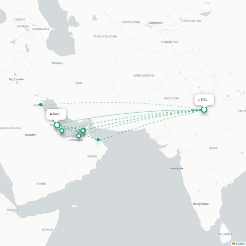 New Delhi - Manamah kaart van rechtstreekse vlucht