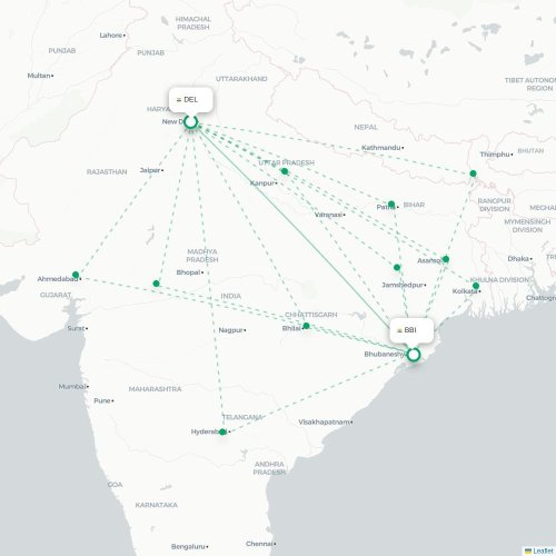 Mapa lotu bezpośredniego Nowe Deli – Bhubaneśwar