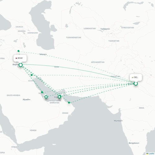 Mapa lotu bezpośredniego Nowe Deli – Bagdad
