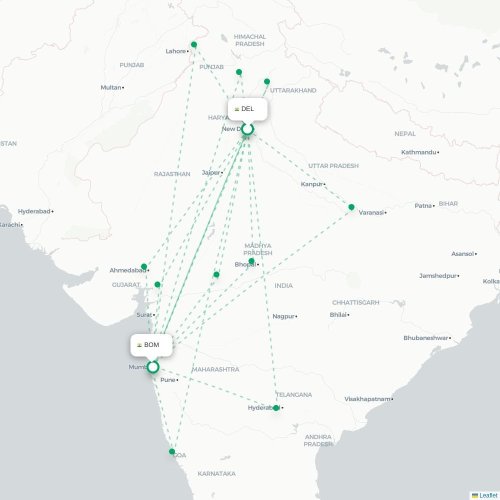 New Delhi – Mumbai suoran lennon kartta