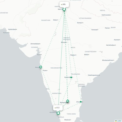 Mapa lotu bezpośredniego Nowe Deli – Kozhikode